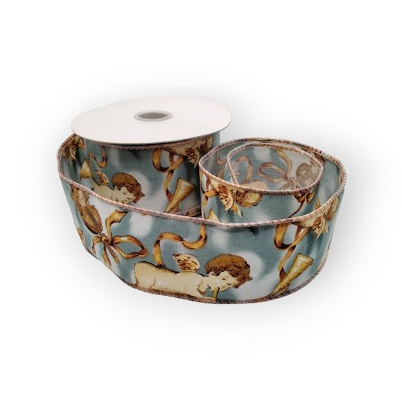 Cherub Wire Edge Fabric Ribbon 2 Inch Wide Blue and Gold - Never Used 6 Yards - Picture 1 of 3